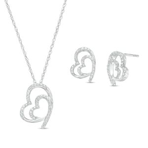 Diamond Accent Tilted  Heart Pendant and Stud Earrings Set in Sterling Silver